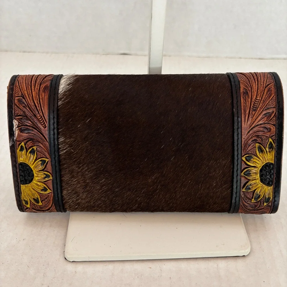 Tooled Leather Wallet Womens Brown Cowhide‎ Sunflower Western Concho New
